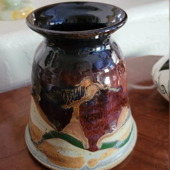 Glazed Stoneware Flower Vase Jar signed Tama Prairie Fire Pottery Handmade